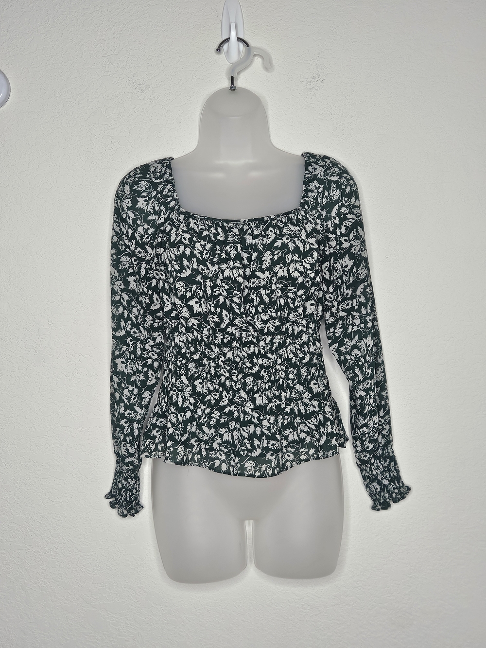 Madewell Green Floral Smocked Waist Square Neck Long Sleeve Top S Ditsy Floral